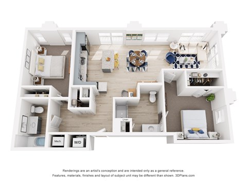A 3D floor plan of a two bedroom apartment with two bathrooms
